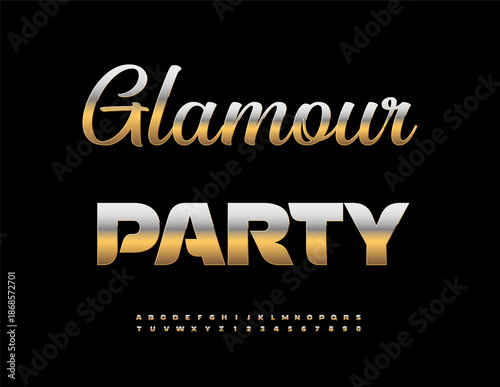 Vector Luxury invitation Glamour Party. Elegant Golden Font. Fashion set of Elite Alphabet Letters and Numbers.