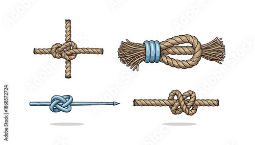 Nautical knots and rope tying techniques with metal accents on white background