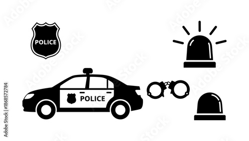 Police car and equipment silhouette featuring sirens, handcuffs, and badge icon set