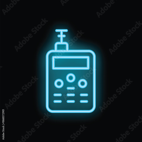 Neon icon of a portable radio transceiver glowing blue on a black background, perfect for projects related to communication, technology, and design