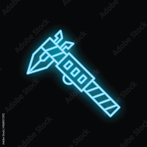 Blue neon caliper glowing on dark background, representing measurement tools and accuracy