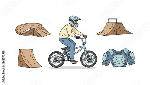 Bmx rider with helmet and armor at skatepark with ramps