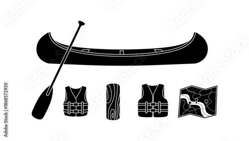 Silhouette canoe adventure gear: paddle, life vest, map, timber elements for outdoor exploration