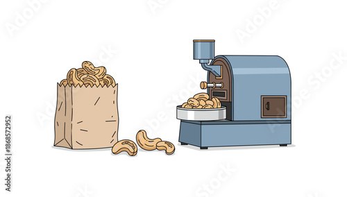 Cashew nut roasting machine and bag of cashews in detailed cartoon style