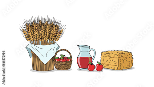 Autumn harvest scene with wheat, apples, hay bale, and pitcher of juice