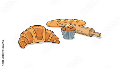 Bakery delight: croissant, baguette, muffin, and rolling pin artwork