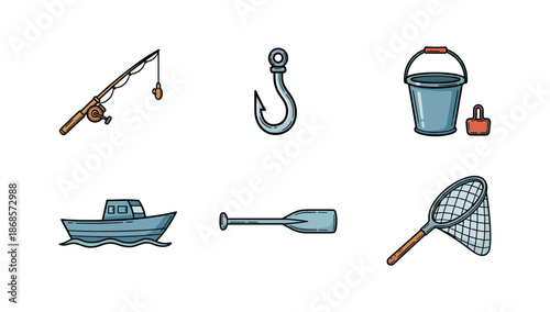 Fishing equipment icons set: rod, hook, boat, oar, bucket, net