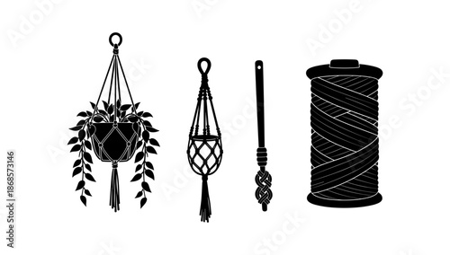 Macrame plant hangers and tools in silhouette style