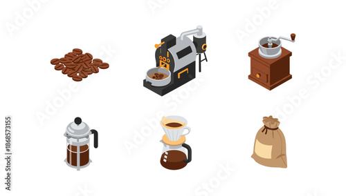 Isometric coffee elements set with beans, grinder, and brewing tools