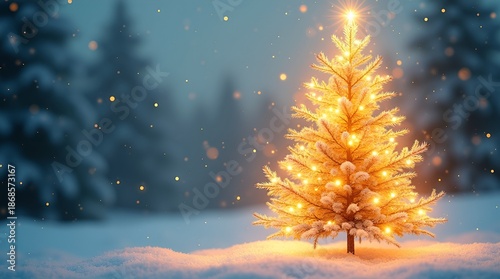 Artistic glowing tree made of radiant light strands, sparkling accents, festive bokeh atmosphere