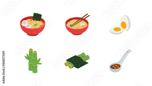 Isometric ramen set with ingredients: bowls, egg, bamboo, seaweed, and spoon