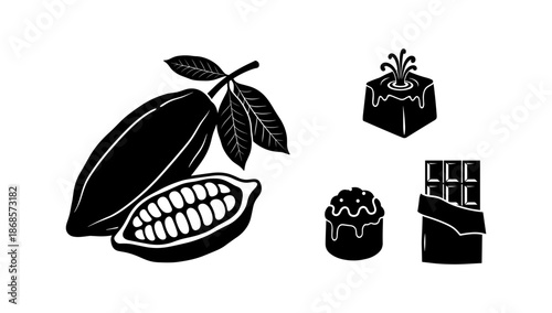 Cacao pods and chocolate icons in bold silhouette style
