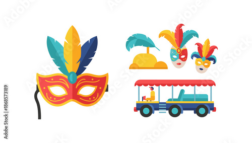 Colorful carnival masks and festive parade float with vibrant feathers