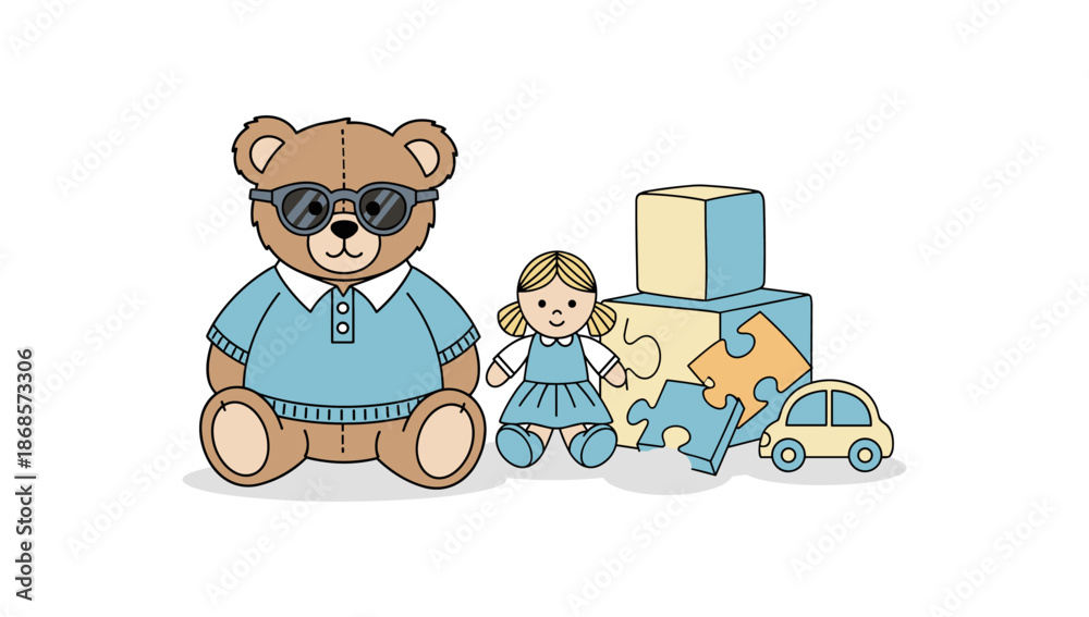 Fototapeta premium Cute toys collection with bear, doll, puzzle pieces, cubes, car