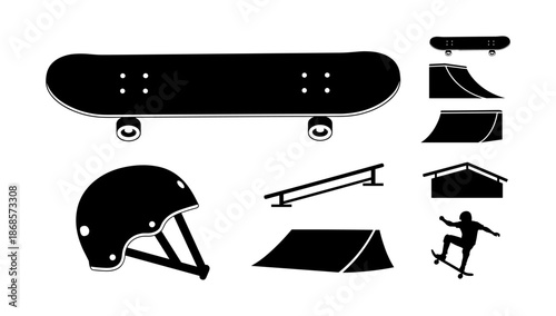 Skateboarding elements silhouette set with ramp and helmet