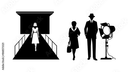 Vintage silhouette fashion: runway model and classic film era scene