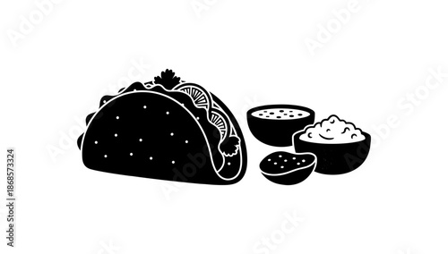 Silhouette taco with salsa and guacamole on white background