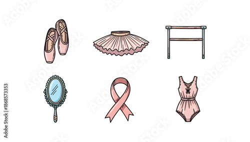 Ballet essentials: pointe shoes, tutu, barre, mirror, ribbon, leotard in elegant style