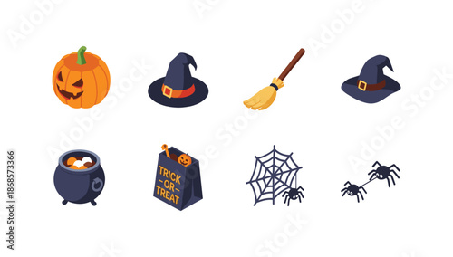 Halloween icons set: pumpkin, witch hat, broom, cauldron, trick or treat bag, spider web