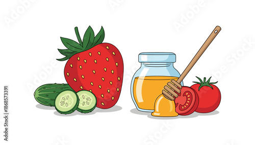 Fresh ingredients harmony - strawberries, honey, cucumbers, and tomatoes in vibrant cartoon style