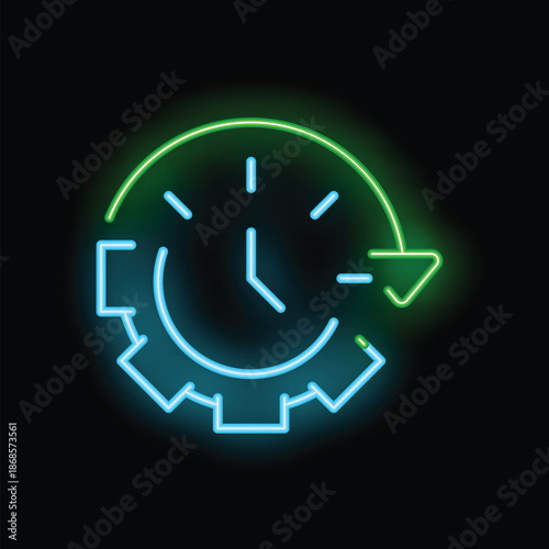 Neon sign representing the concept of time management with a clock and a gear symbol, ideal for illustrating productivity