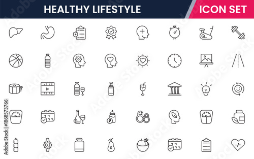 Vibrant vector web line icons depicting healthy lifestyle, fitness, nutrition, wellness, exercise, and balanced habits for vibrant living.