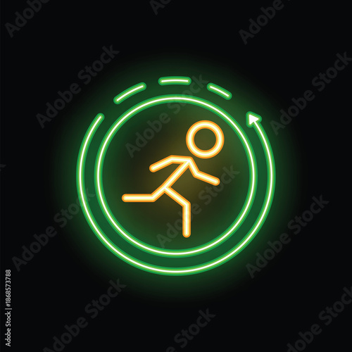 Neon sign of a stick figure running in a circle with an arrow, representing the concept of routine