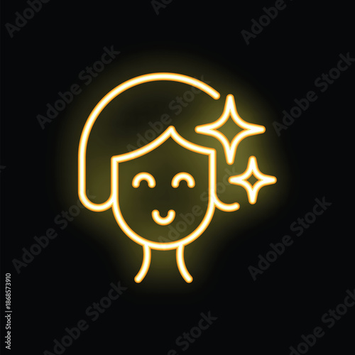 Neon icon of a woman face with glowing skin, representing skincare benefits and beauty treatments
