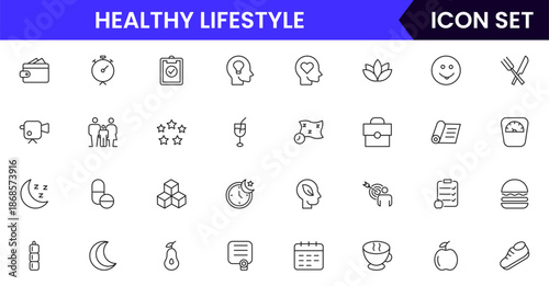 Vibrant vector web line icons depicting healthy lifestyle, fitness, nutrition, wellness, exercise, and balanced habits for vibrant living.