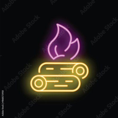 Neon sign representing burning firewood with yellow logs and purple flames, ideal for decoration or advertisement