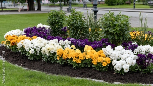 Wallpaper Mural Colorful pansies form a path in a garden showing bright yellow, white, and purple flowers in natural light captured with a Canon EOS R5 camera Torontodigital.ca