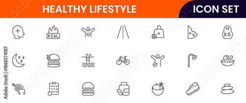 Vibrant vector web line icons depicting healthy lifestyle, fitness, nutrition, wellness, exercise, and balanced habits for vibrant living.