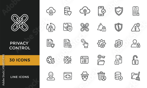 Digital privacy control line icons set for data security and user protection