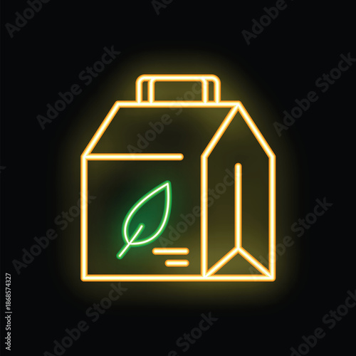 Bright neon sign showcasing a takeout box adorned with a leaf logo, symbolizing eco friendly food packaging and delivery