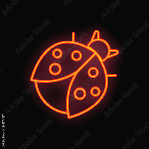 Vibrant neon icon of a ladybug spreading its wings, set against a dark background