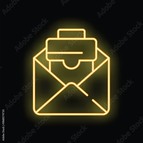 Glowing yellow neon icon of a credit card emerging from an open envelope on a black background