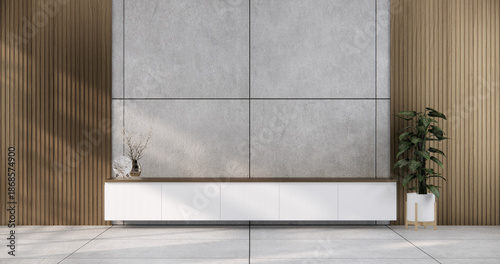 Cabinet on scene living room wall decoration and granite tiles floor.3D rendering