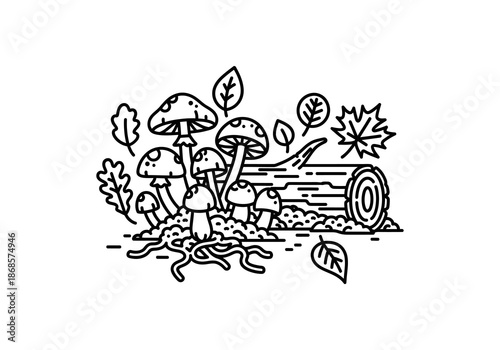 Vector ilustration concept Line Art - Mushrooms, Log, and Leaves in a Forest Scene, Black and White.