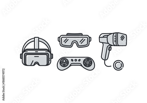 Vector ilustration concept Line art illustration of virtual reality headsets, goggles, and game controller for immersive gaming.