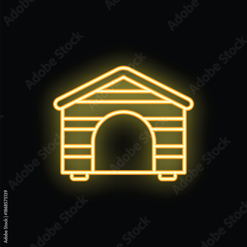 Yellow neon icon of wooden doghouse glowing on black background
