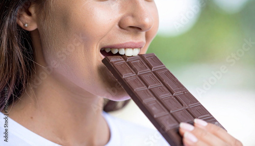 Young woman bites large dark chocolate bar outside. Girl enjoys sweet cocoa dessert in summer. Happy person eats candy, feeling pleasure. Healthy lifestyle choice concept