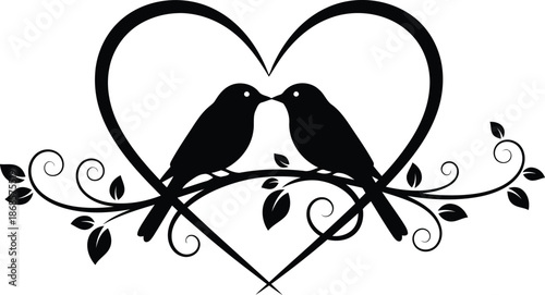Black silhouette of lovebirds on a branch inside a heart