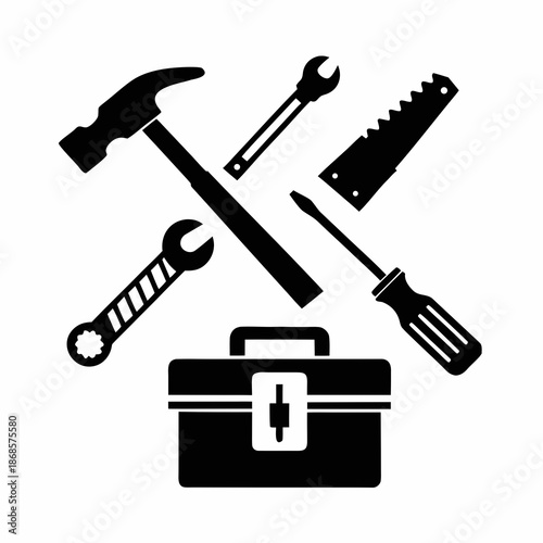 Black and White Minimalist Tool Kit Vector Illustration for Repair and Construction