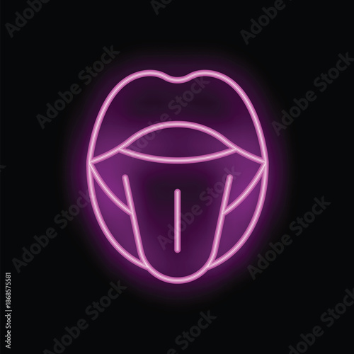 Neon sign showing a sticking out tongue in open mouth on black background