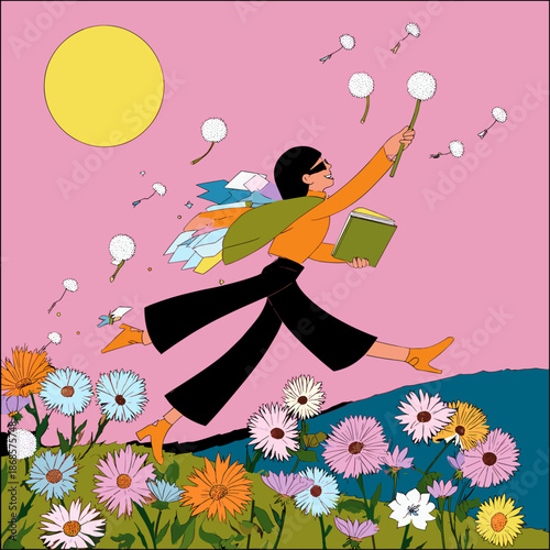 Colorful Fairy Running Through Spring Flowers