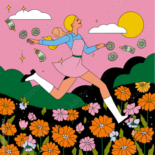 Colorful Fairy Running Through Spring Flowers