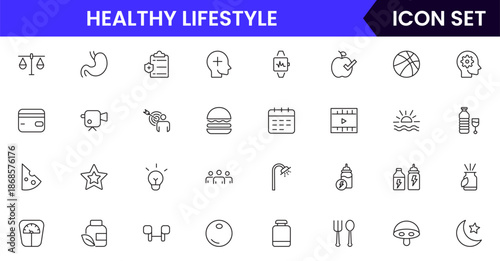 Vibrant vector web line icons depicting healthy lifestyle, fitness, nutrition, wellness, exercise, and balanced habits for vibrant living.
