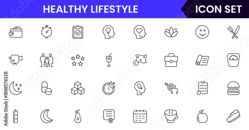 Vibrant vector web line icons depicting healthy lifestyle, fitness, nutrition, wellness, exercise, and balanced habits for vibrant living.
