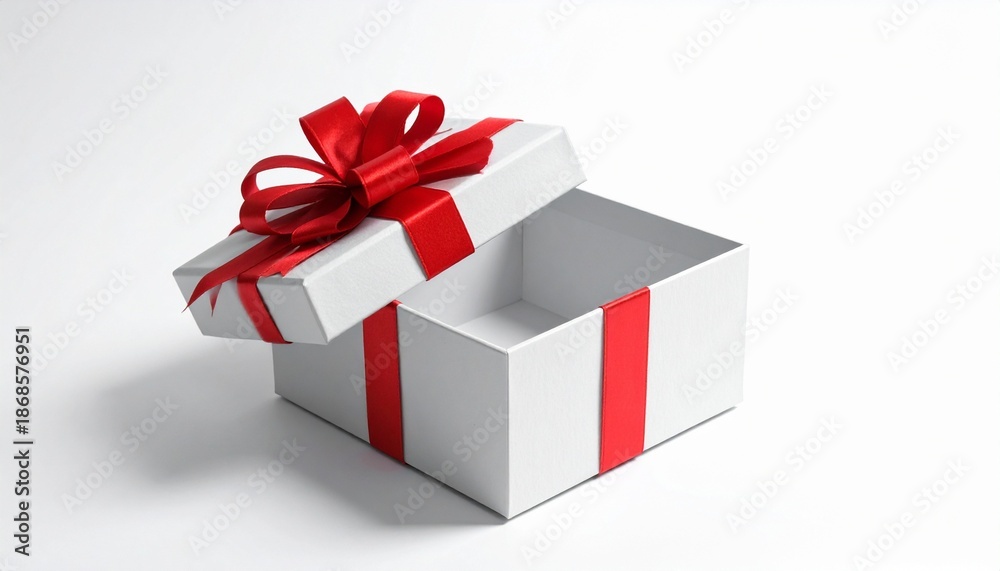 Obraz premium Open white gift box with red ribbon on clean white background