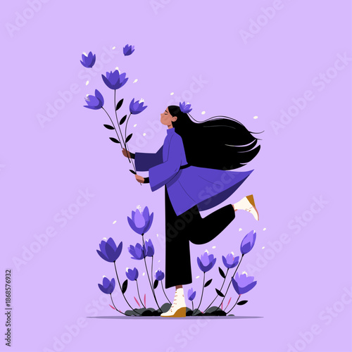 Joyful Reader Surrounded by Purple Flowers